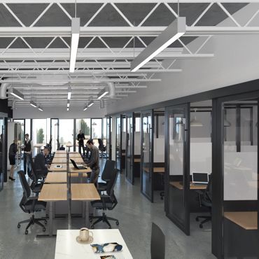 Our workspace showing the brightly lit private offices and dedicated desks. All dedicated design and offices will be fully furnished with ergonomic sit-stand desks and chairs.