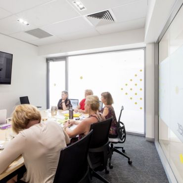 Yellowbox Boardroom
- Seats between 20-40 people 
- 2.5m glass whiteboard
- 75