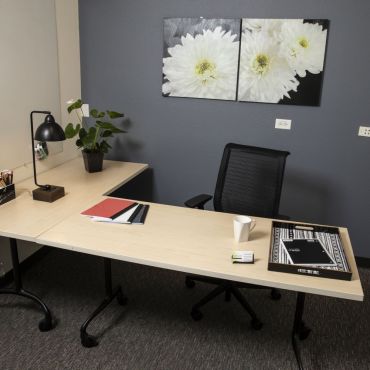 Locking, sound-resistant office rentals with storage and/or file cabinets, hardwired and WiFi broadband Internet, guest seating, ergonomic workspace, and connection for phone.